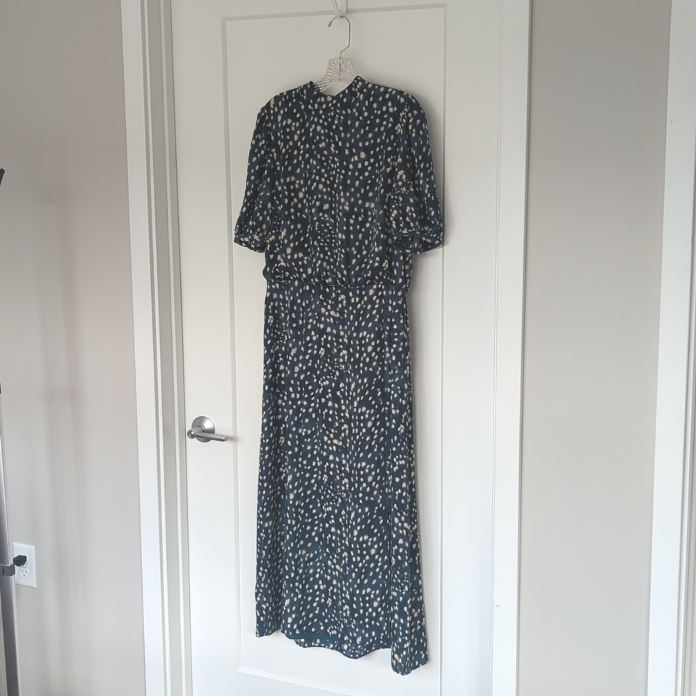 Ann Taylor Spotted Puff Sleeve Midi Flare Dress